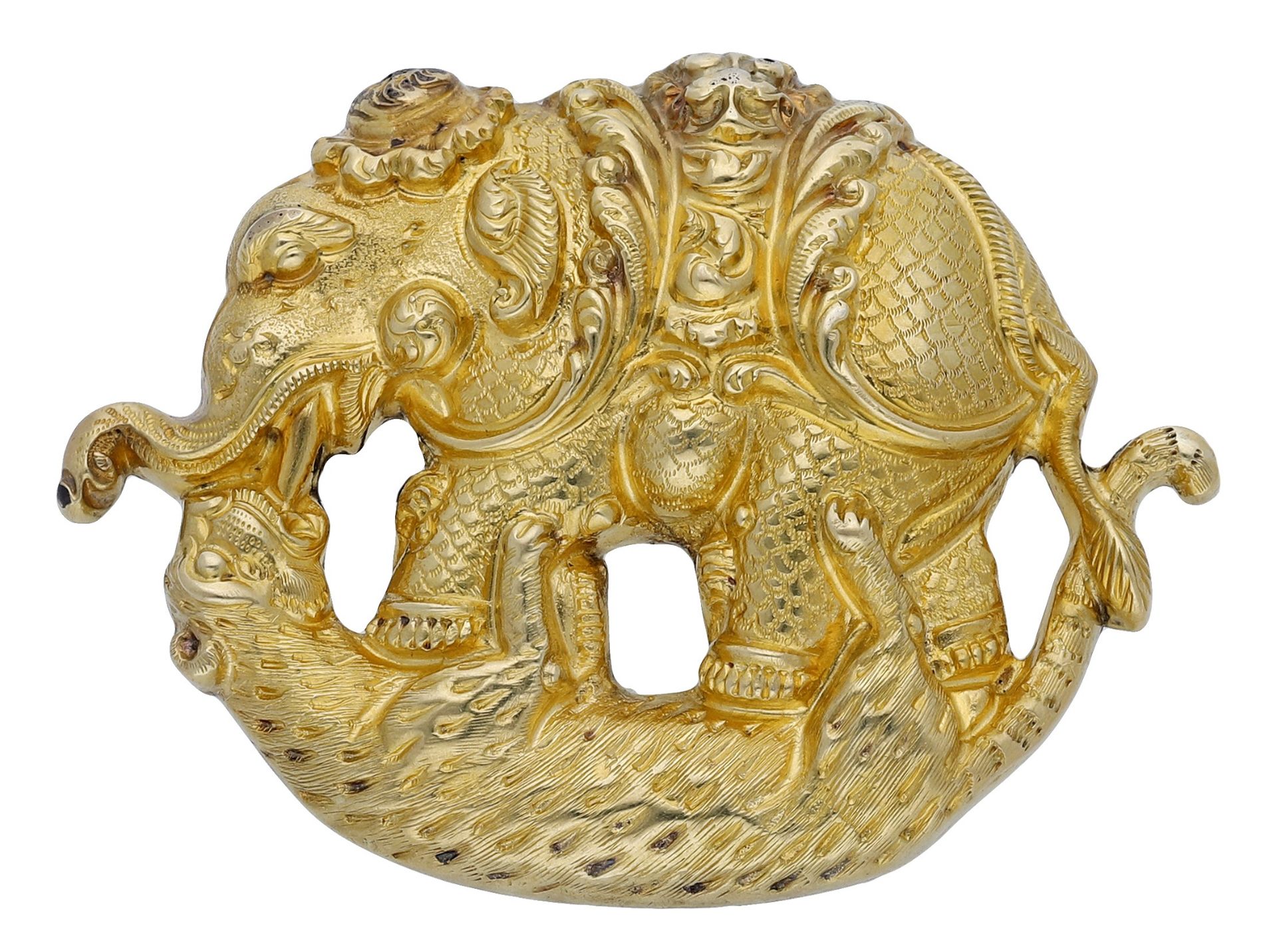 A 19th century Indian elephant and tiger brooch, the chased and engraved gold brooch formed as an...