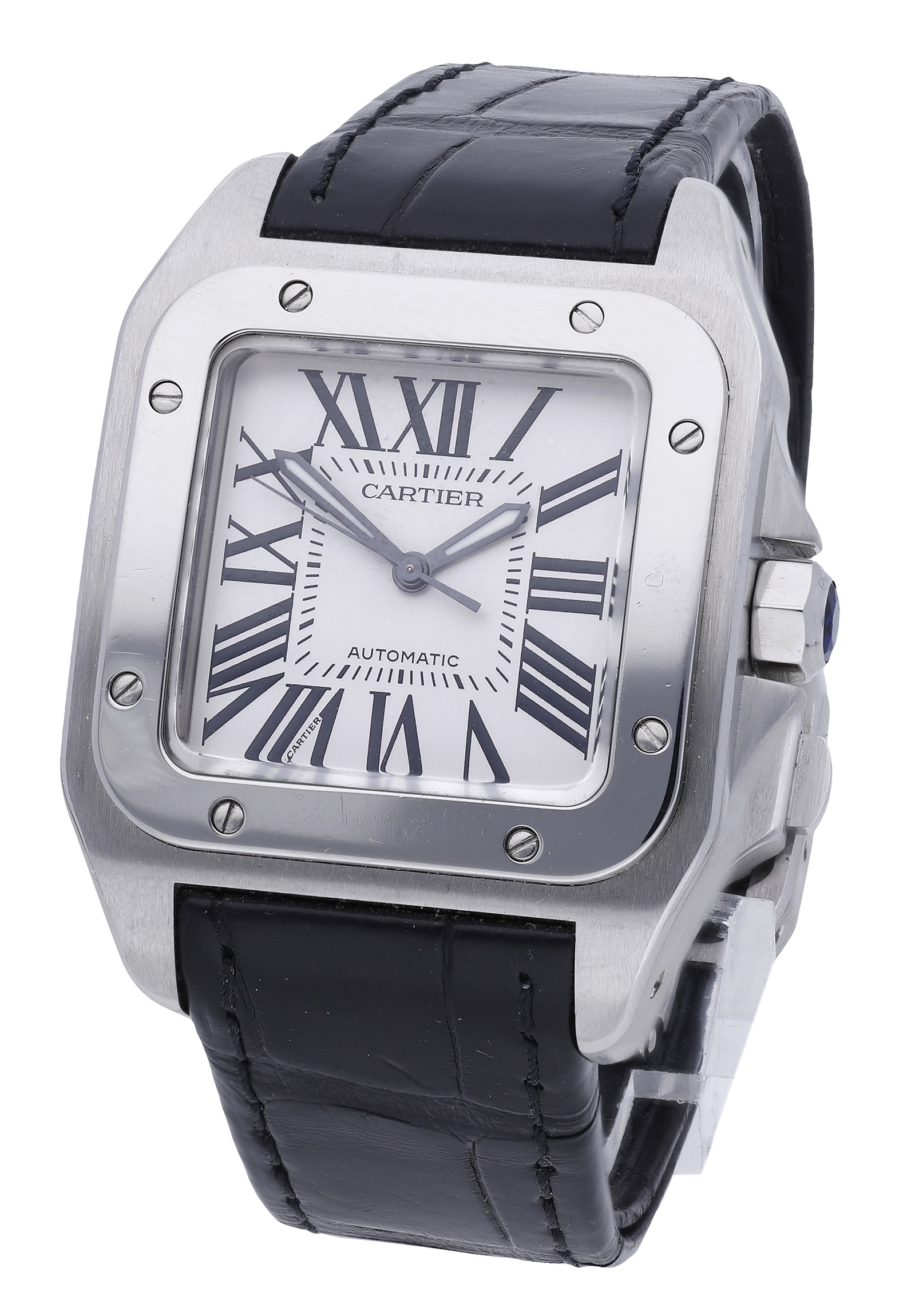 Cartier. A stainless steel automatic rectangular wristwatch, Ref. 2878, Santos 100, circa 2017....