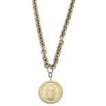 A heavy gold belcher-link chain necklace, suspending a Mexican â€˜Our Lady of Guadalupeâ€™ medallion