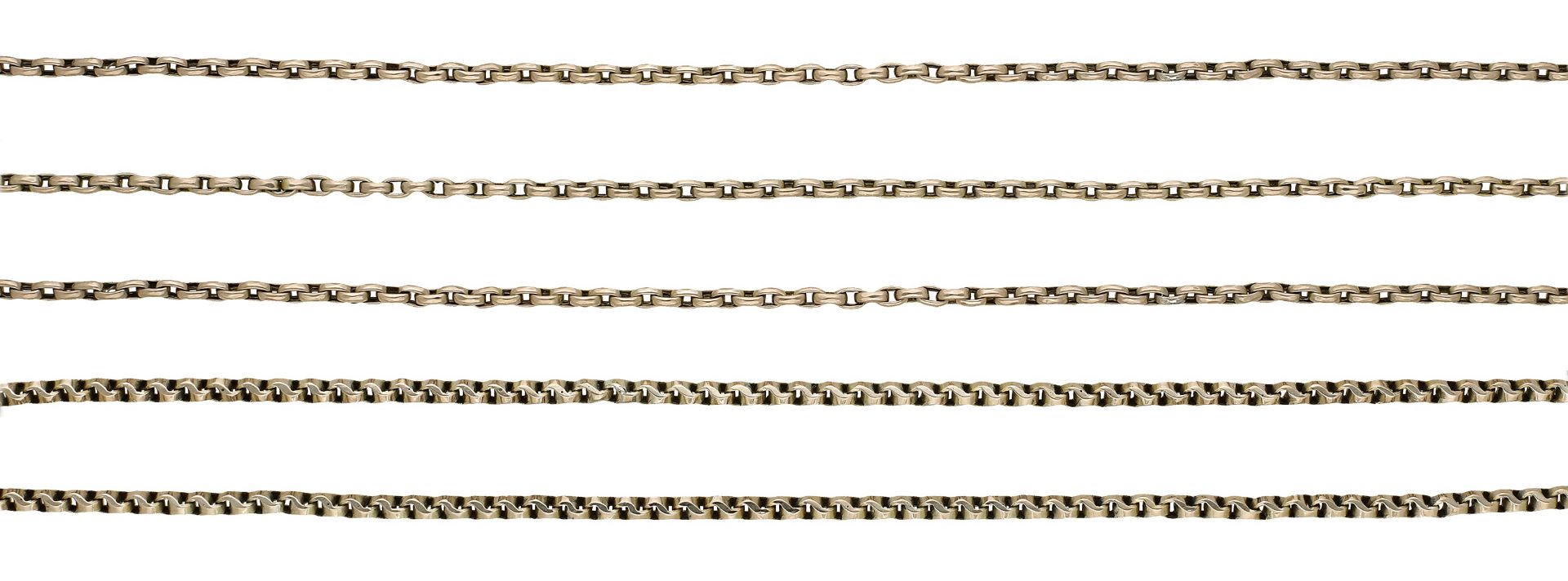 Two chain necklaces, of single and three-row design, stamped â€˜9Kâ€™ and â€˜9Câ€™ respectively, len