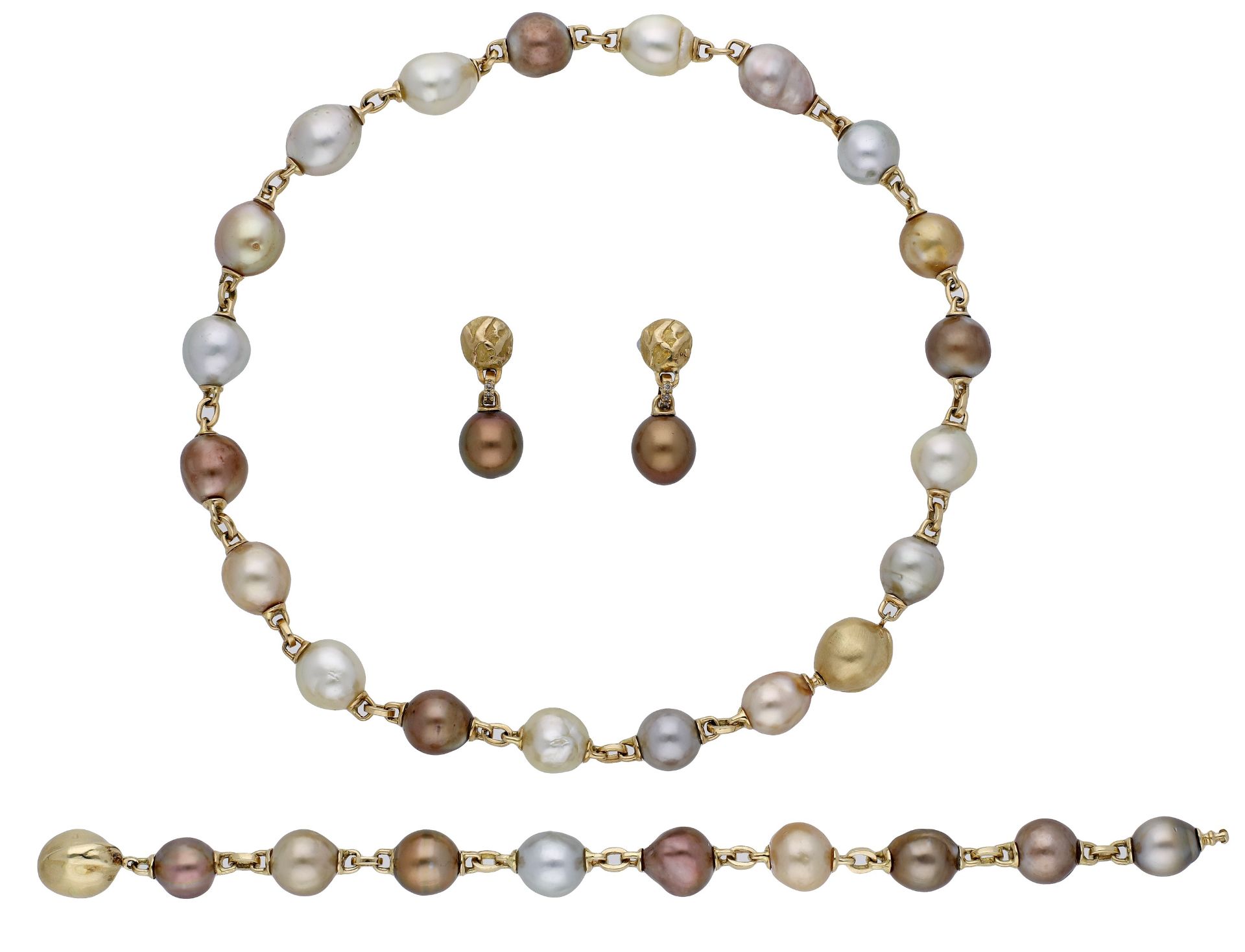 A â€˜Golden Brown Collectionâ€™ cultured pearl suite by Yvel, the necklace composed of a combination