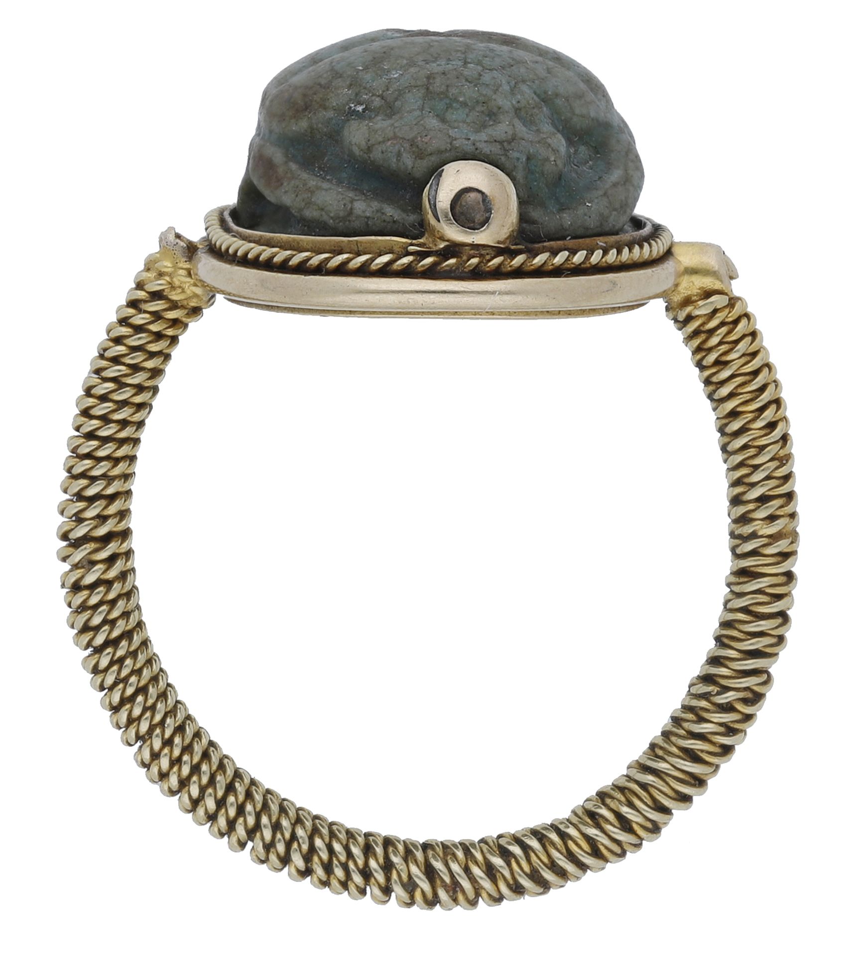 A scarab ring, the blue ceramic scarab with indistinct hieroglyphic figures to the underside, the... - Image 2 of 3