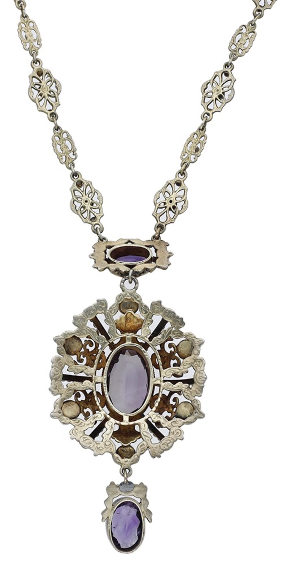 A 19th century Austro-Hungarian amethyst and pearl necklace, the pendant centred with an oval mix... - Image 2 of 3