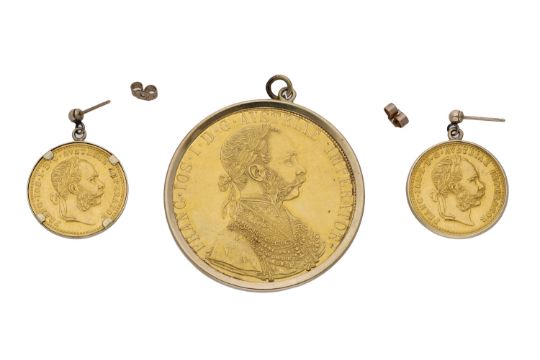 An Austrian coin set pendant and ear pendants, the pendant claw mounted with Franz Joseph I, 4 du... - Bild 2 aus 3