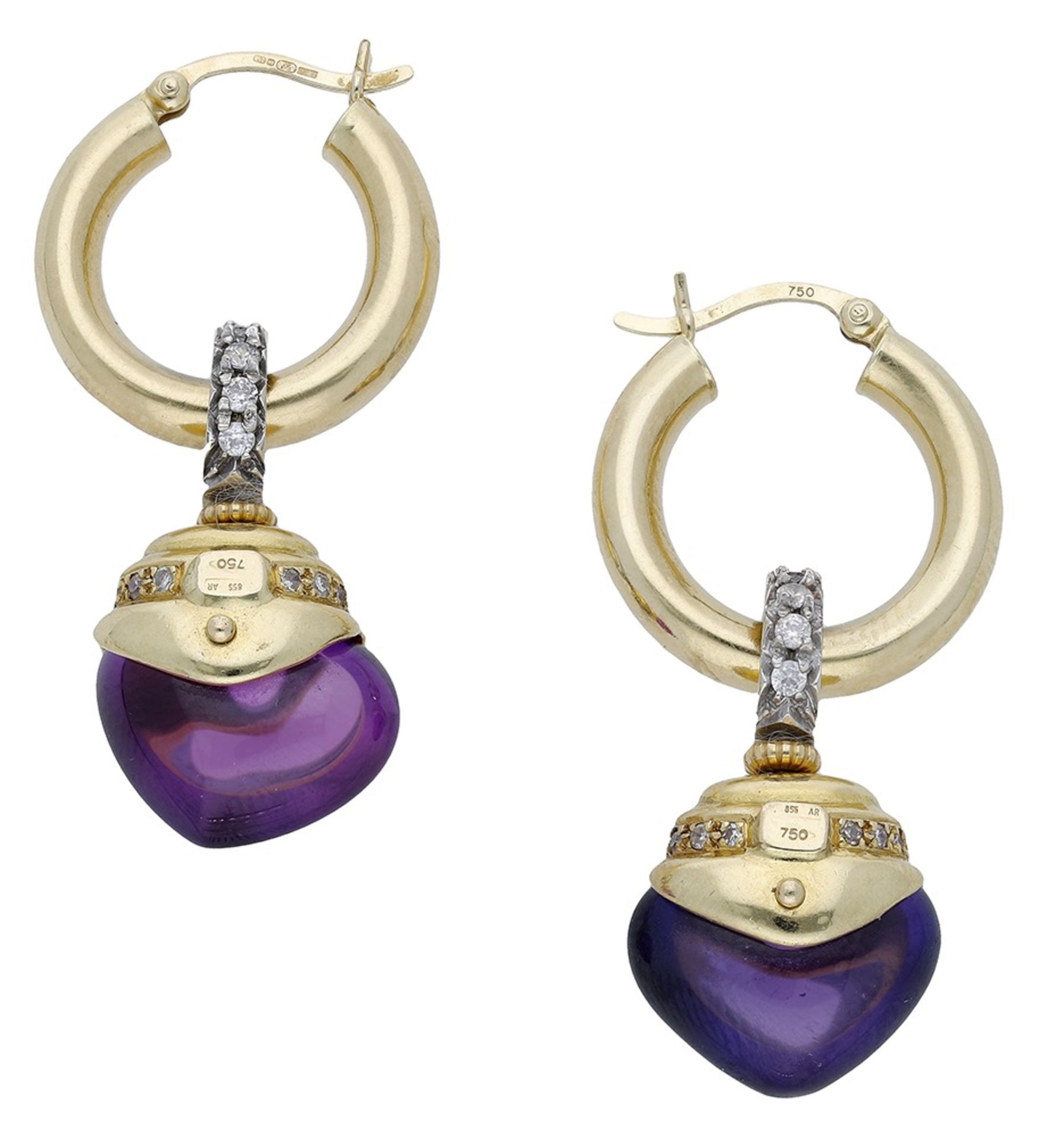 A pair of 18ct gold convertible amethyst earrings, comprising a heart-shaped amethyst cabochon dr... - Image 2 of 3