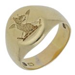 A gentlemanâ€™s 18ct gold signet ring, bearing the crest of the head of a eagle, crossed flags behi.