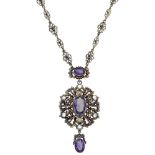 A 19th century Austro-Hungarian amethyst and pearl necklace, the pendant centred with an oval mix...