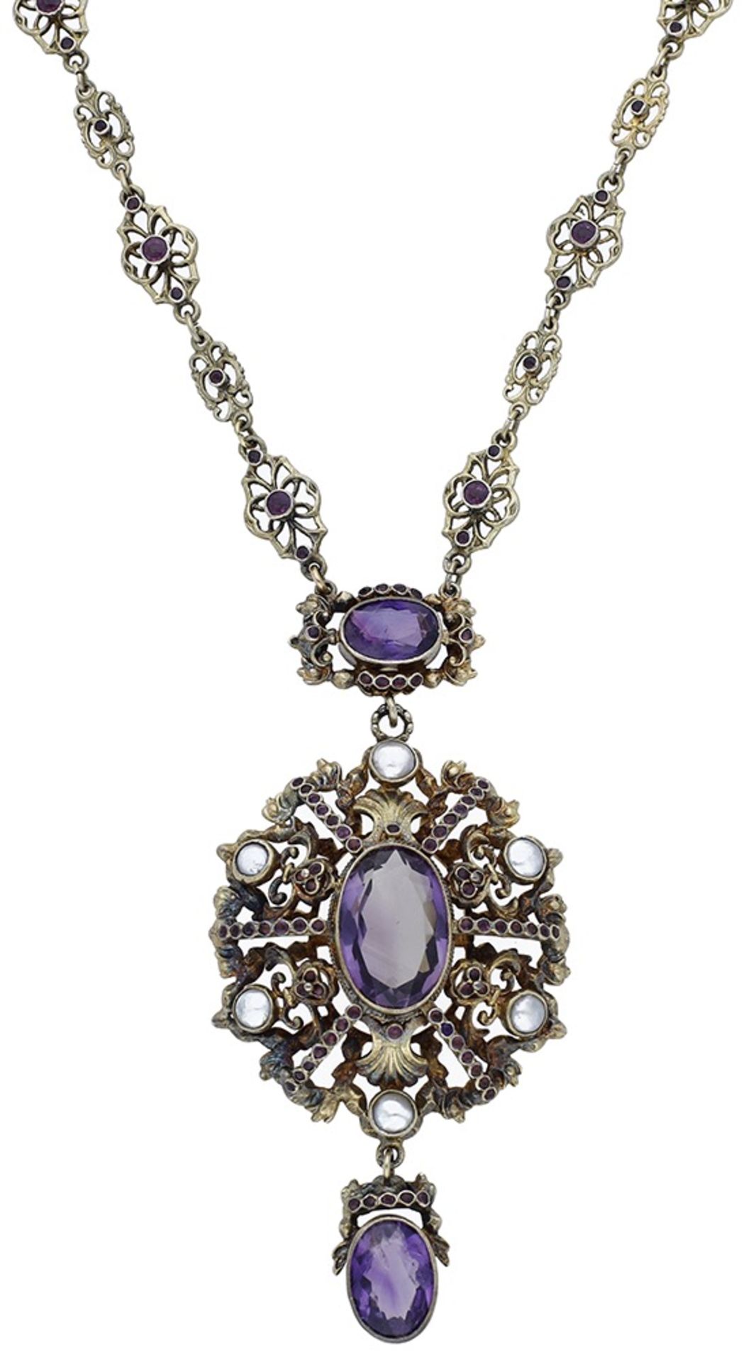 A 19th century Austro-Hungarian amethyst and pearl necklace, the pendant centred with an oval mix...