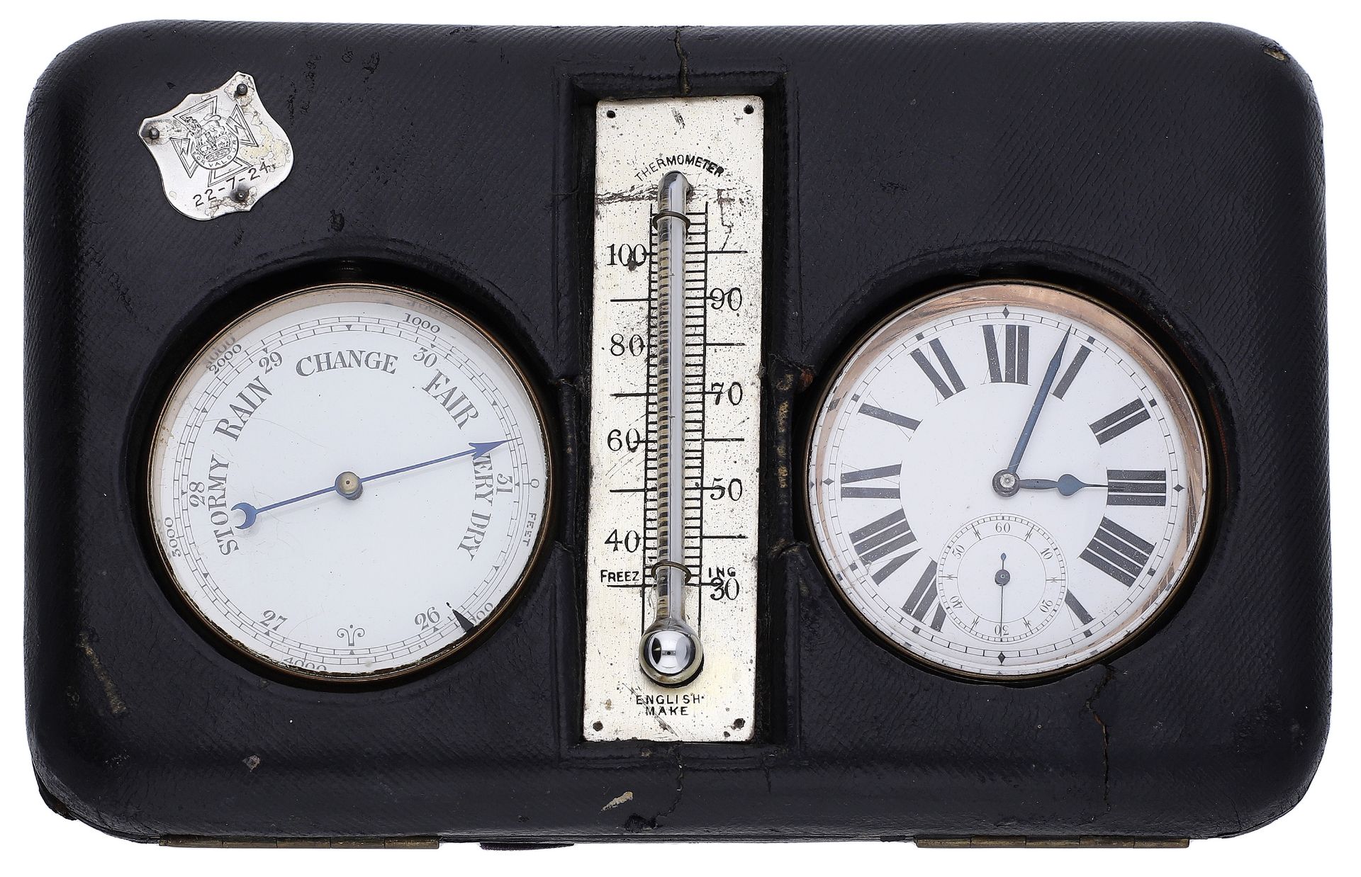 Swiss. A desk set with Goliath watch, thermometer and barometer, circa 1900 Movement: manual win...