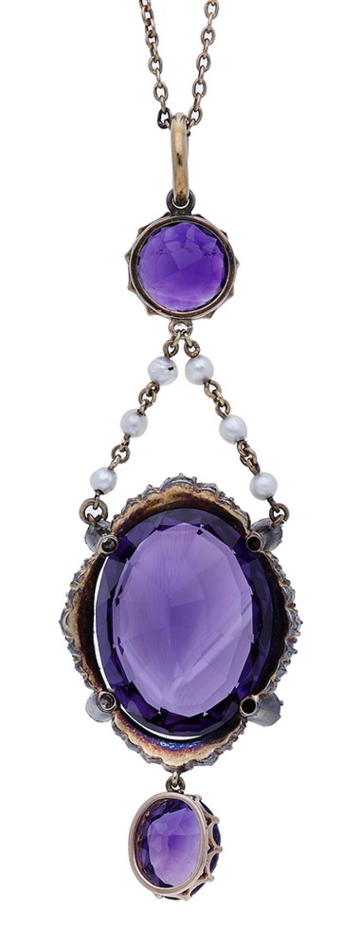 An early 20th century amethyst, seed pearl and diamond pendant on chain, the pendant comprising a... - Image 3 of 4