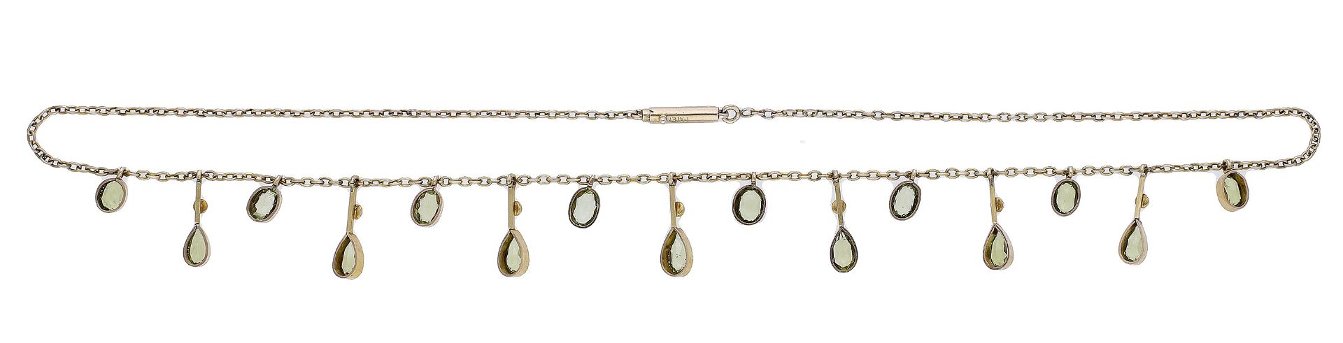 An early 20th century peridot and seed pearl fringe necklace, the belcher-link chain suspending k... - Image 3 of 4