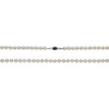 A cultured pearl necklace with sapphire and diamond clasp, the single row of cultured pearls to a...