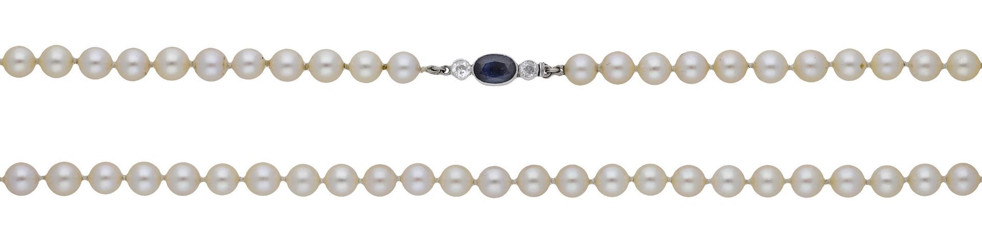 A cultured pearl necklace with sapphire and diamond clasp, the single row of cultured pearls to a...