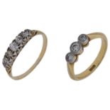 Two diamond rings, comprising a three-stone diamond ring, the transitional-cut diamonds collet-se...