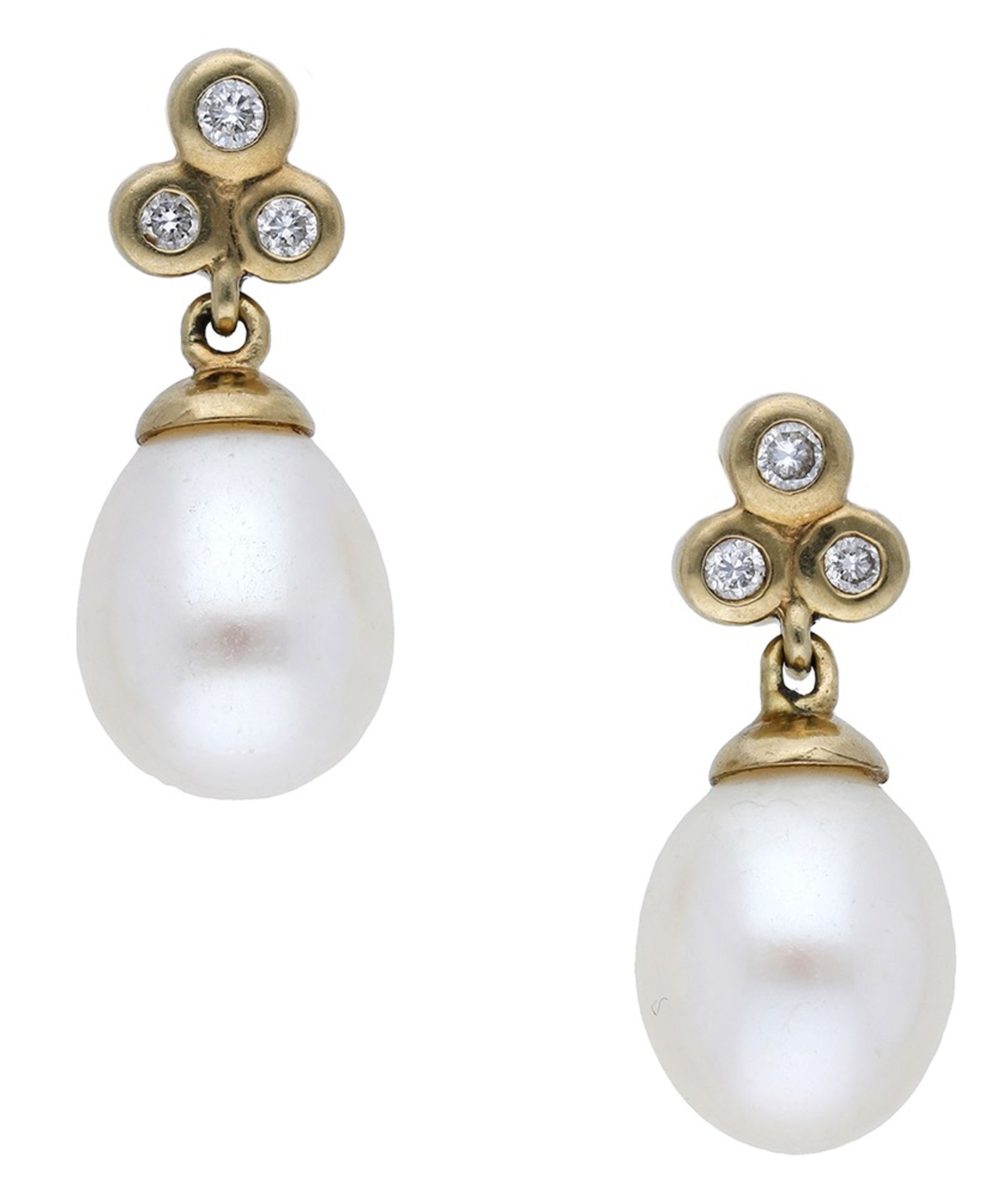 A pair of 18ct gold pearl and diamond earrings, the trefoil surmounts bezel set with brilliant-cu...