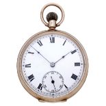 Swiss. A gold open-faced keyless watch, circa 1912. Movement: manual winding, lever escapement,...