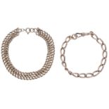 Two 9ct gold bracelets, comprising a two-row curb-link bracelet and a single-row example, partial...