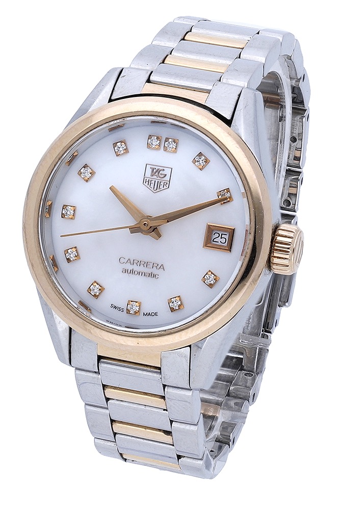 Tag Heuer. A ladyâ€™s stainless steel, gold and diamond-set automatic wristwatch with date and brac.