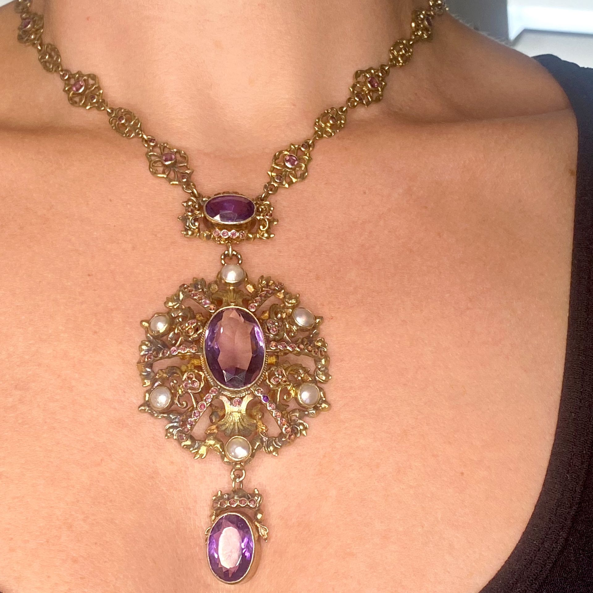 A 19th century Austro-Hungarian amethyst and pearl necklace, the pendant centred with an oval mix... - Image 3 of 3