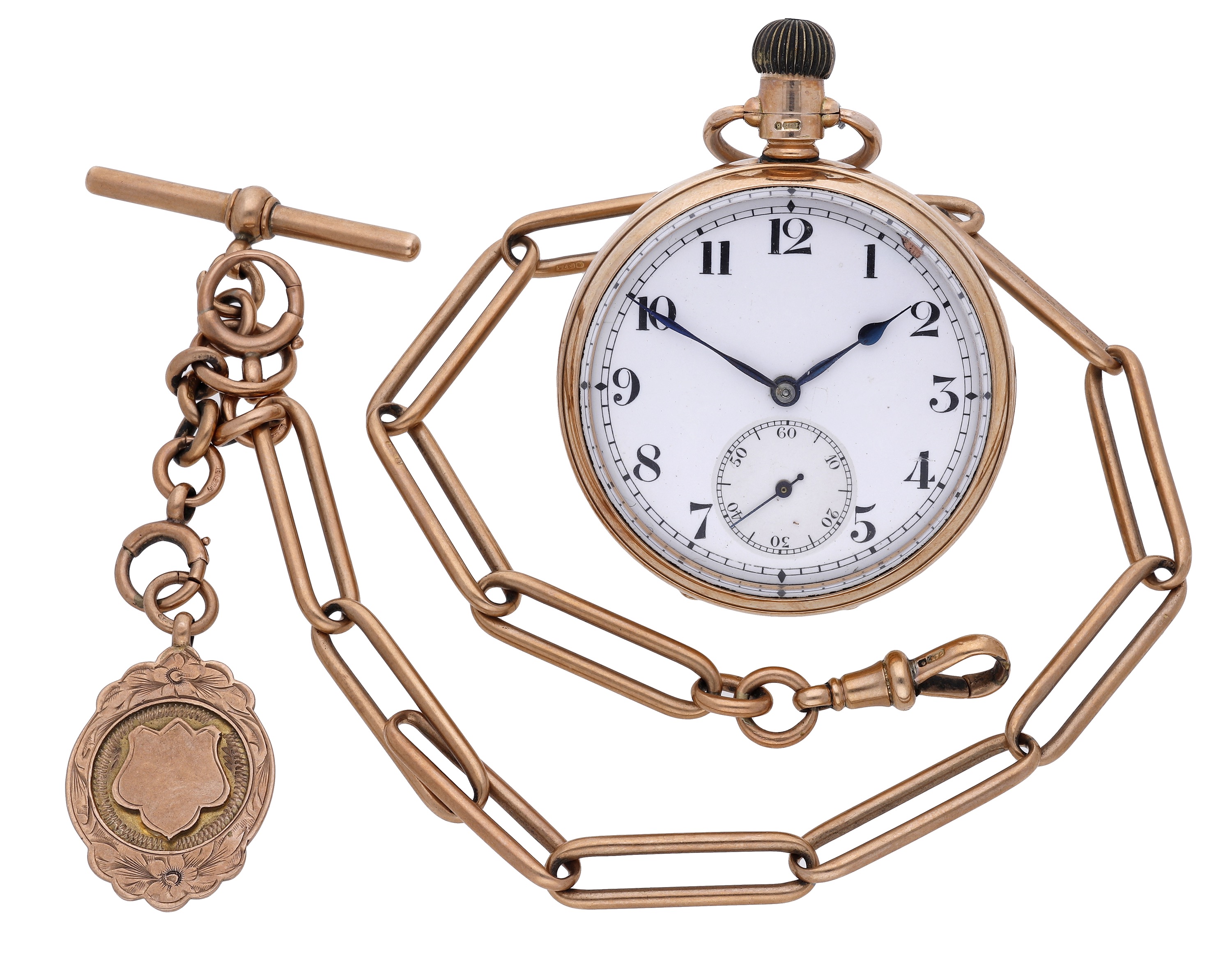 Swiss. A gold open-faced keyless watch with Albert chain, 1926. Movement: cal. 37, manual windin...