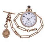 Swiss. A gold open-faced keyless watch with Albert chain, 1926. Movement: cal. 37, manual windin...