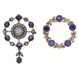 An amethyst and seed pearl pendant/brooch and an amethyst wreath brooch, the first centred with a...