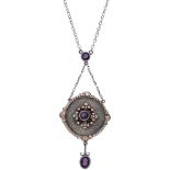 A bicolour amethyst set pendant, in the Jugendstil taste, the circular pendant with beaded decora...