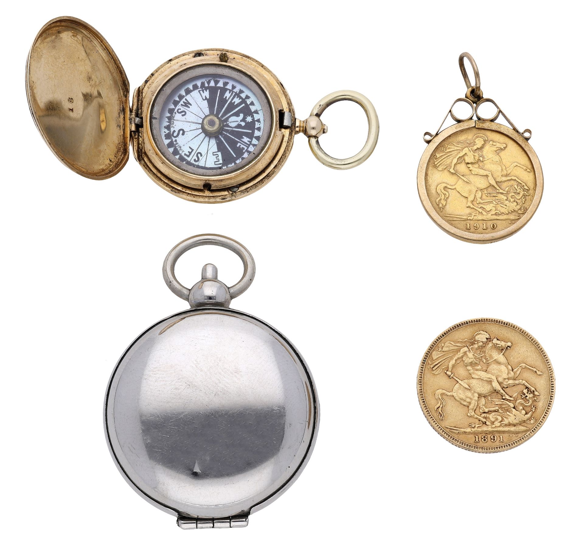 A late 19th century gold mounted compass, the plain polished case opening to reveal a mother-of-p...