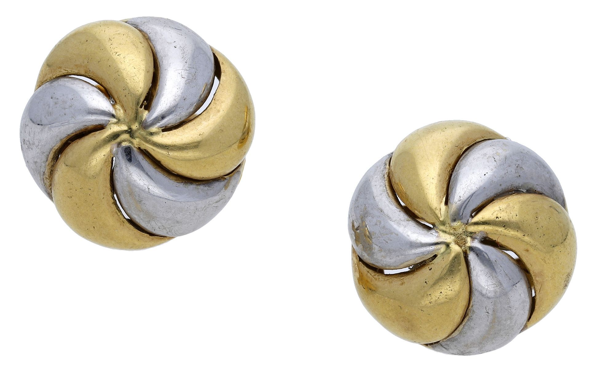A pair of bicoloured earrings, of bombÃ© swirl design, stamped â€˜750â€™, length 17mm. Â£260-Â£300