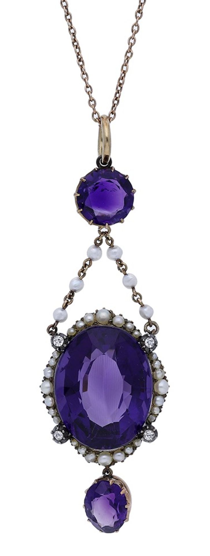 An early 20th century amethyst, seed pearl and diamond pendant on chain, the pendant comprising a... - Image 2 of 4
