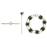 A small collection of jewellery, to include an early 20th century gold and opal bar brooch, a lat...