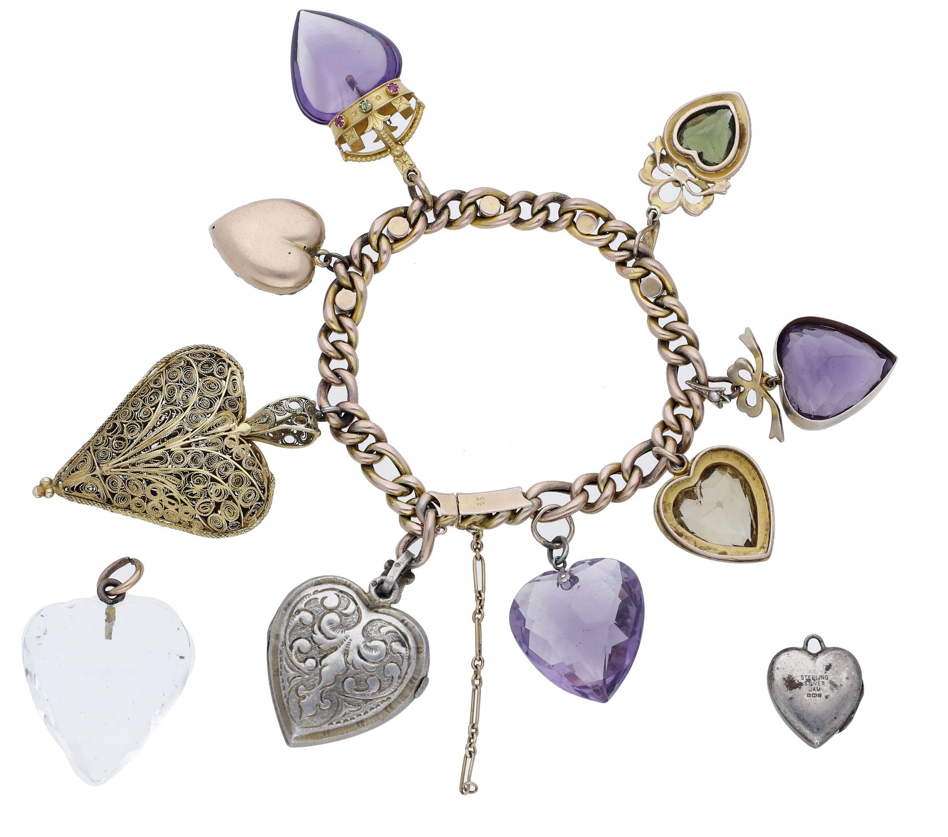 A gold bracelet suspending assorted heart-shaped charms, the hollow curb-link bracelet with caboc... - Image 2 of 3