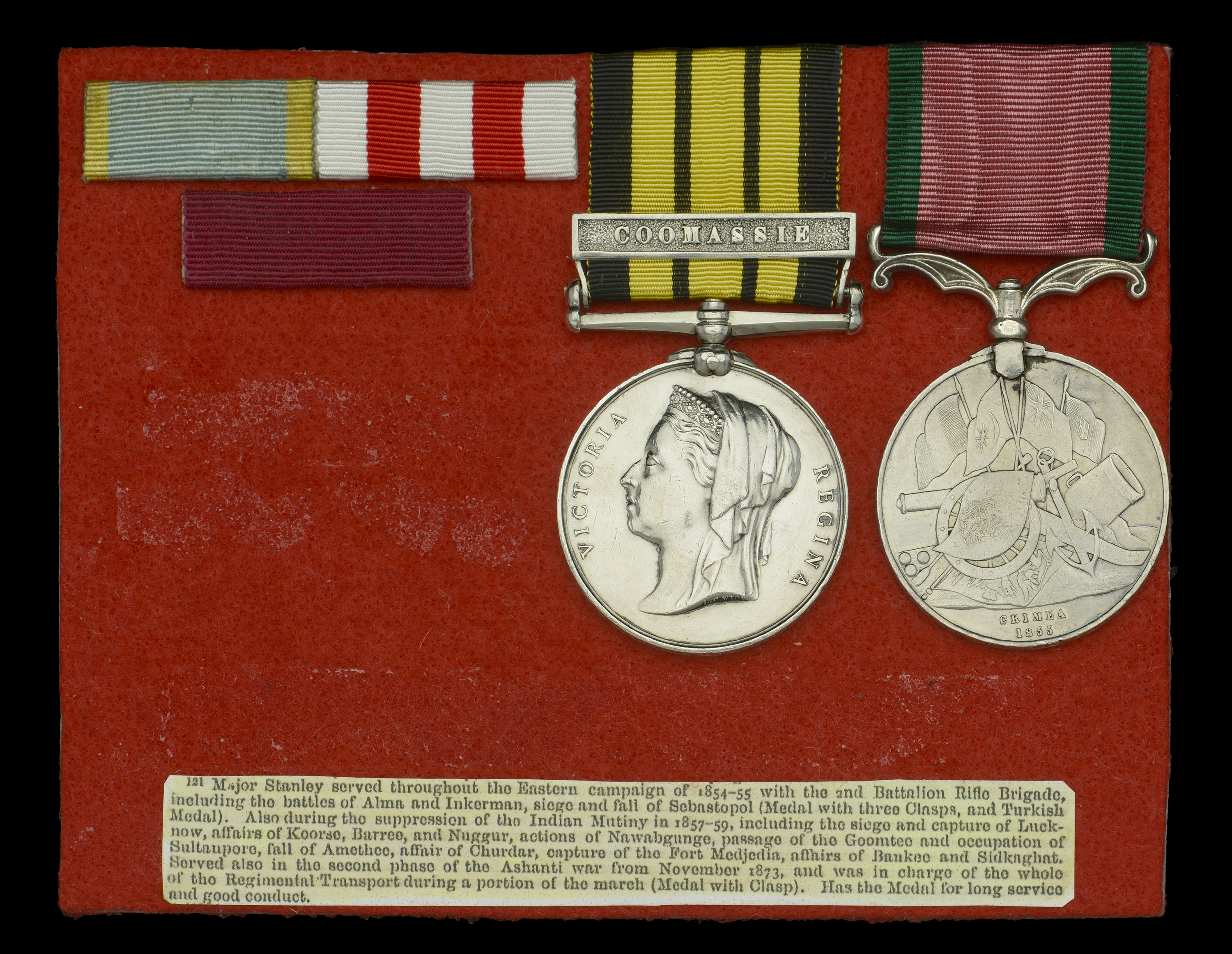 Pair: Major W. J. Stanley, Rifle Brigade Ashantee 1873-74, 1 clasp, Coomassie (Qr. Mr. W....
