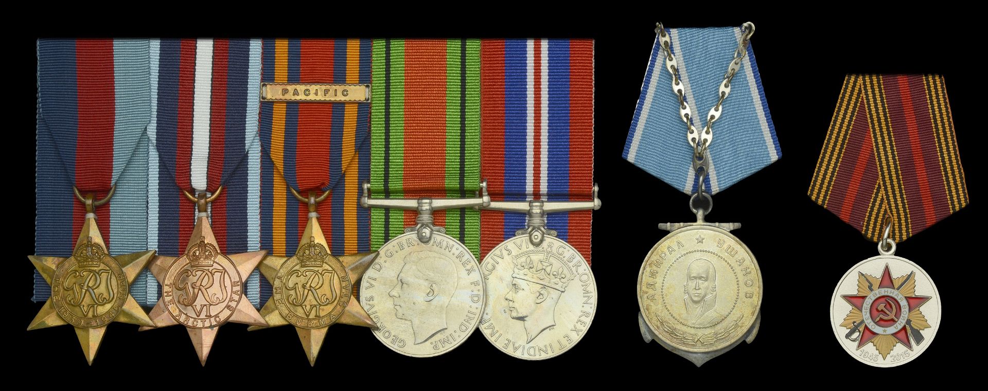 A Second War 'Arctic Star' group of seven awarded to Owen C. Wright who served in the Royal...