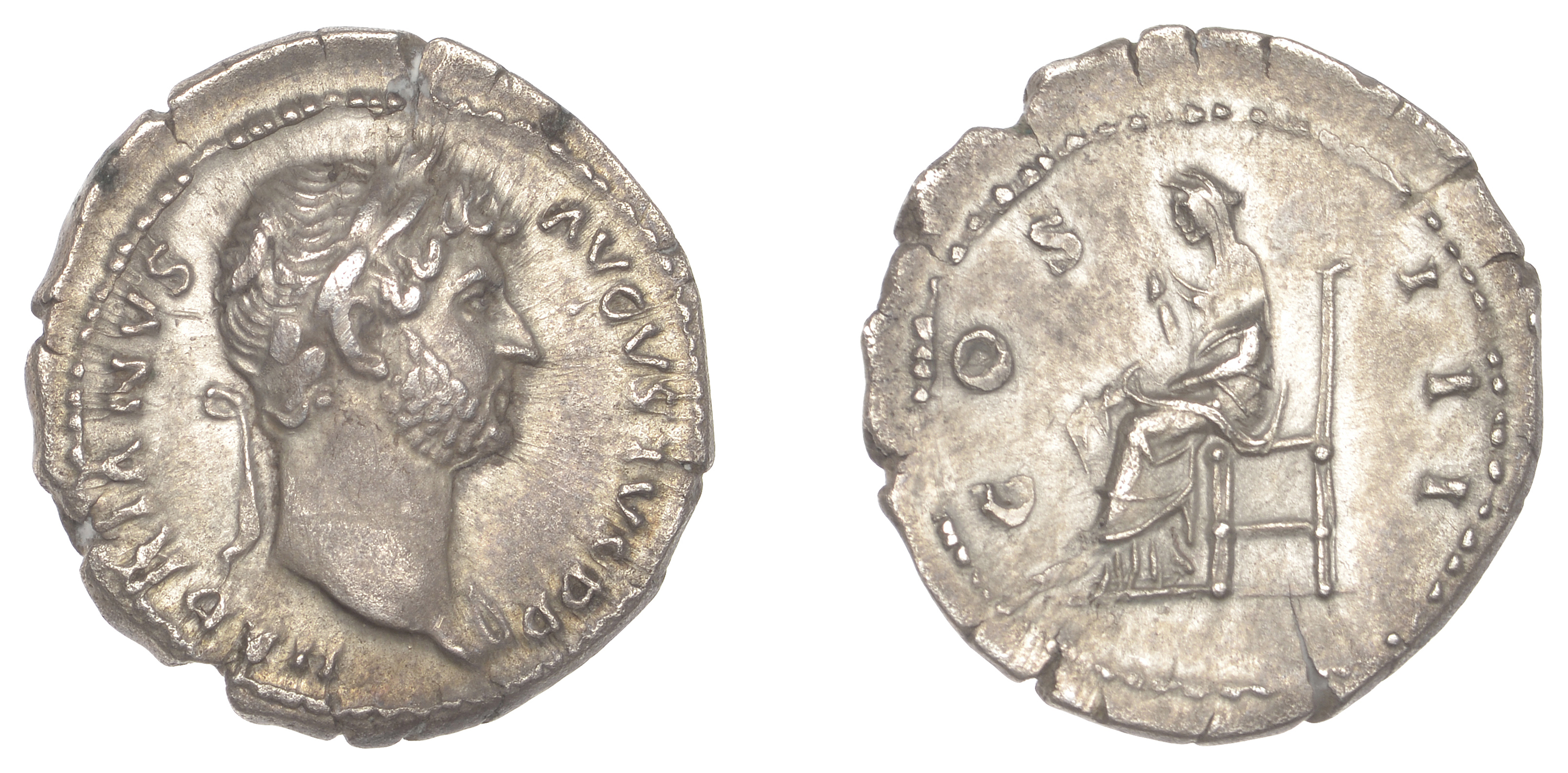 Roman Imperial Coinage, Hadrian, Denarius, c. 126-7, laureate bust right, rev. Pudicitia sea...