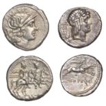 Roman Republican Coinage, Anonymous, Denarius, c. 211-208, helmeted head of Roma right, rev....
