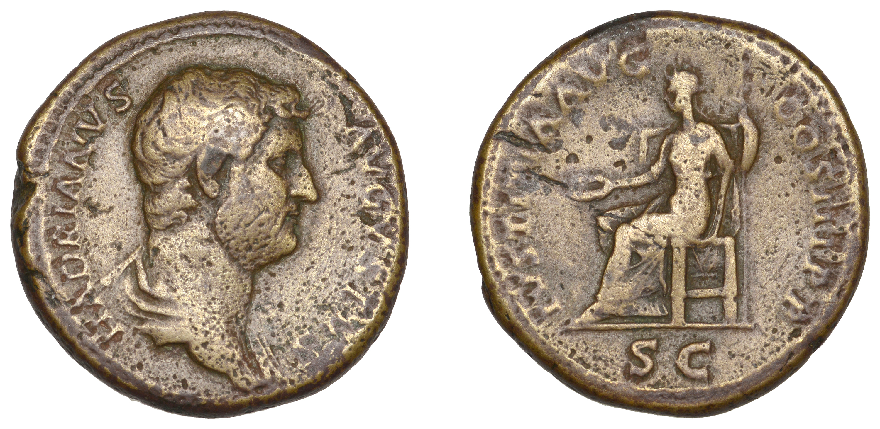 Roman Imperial Coinage, Hadrian, As, 129-30, bare-headed bust right, rev. Justitia seated le...