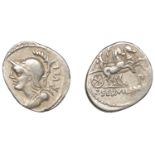 Roman Republican Coinage, P. Servilius Rullus, Denarius, c. 100, helmeted bust of Minerva le...