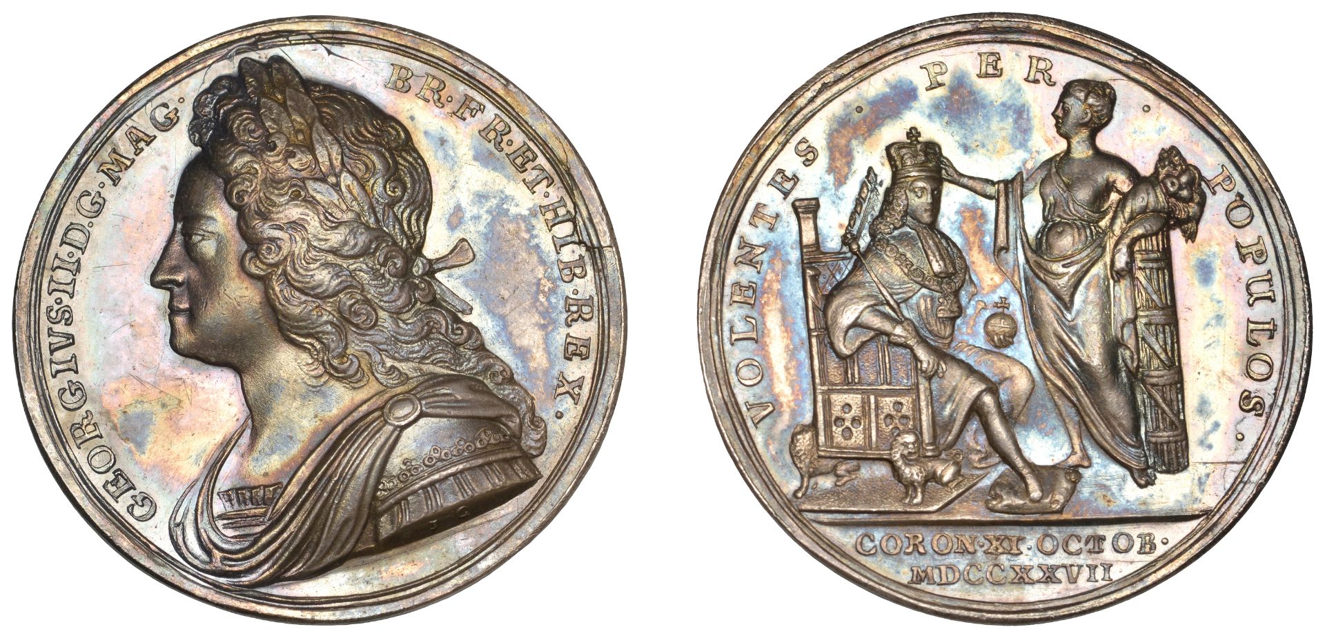 George II, Coronation, 1727, a silver medal by J. Croker, laureate bust left, rev. King, ent...