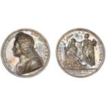 George II, Coronation, 1727, a silver medal by J. Croker, laureate bust left, rev. King, ent...