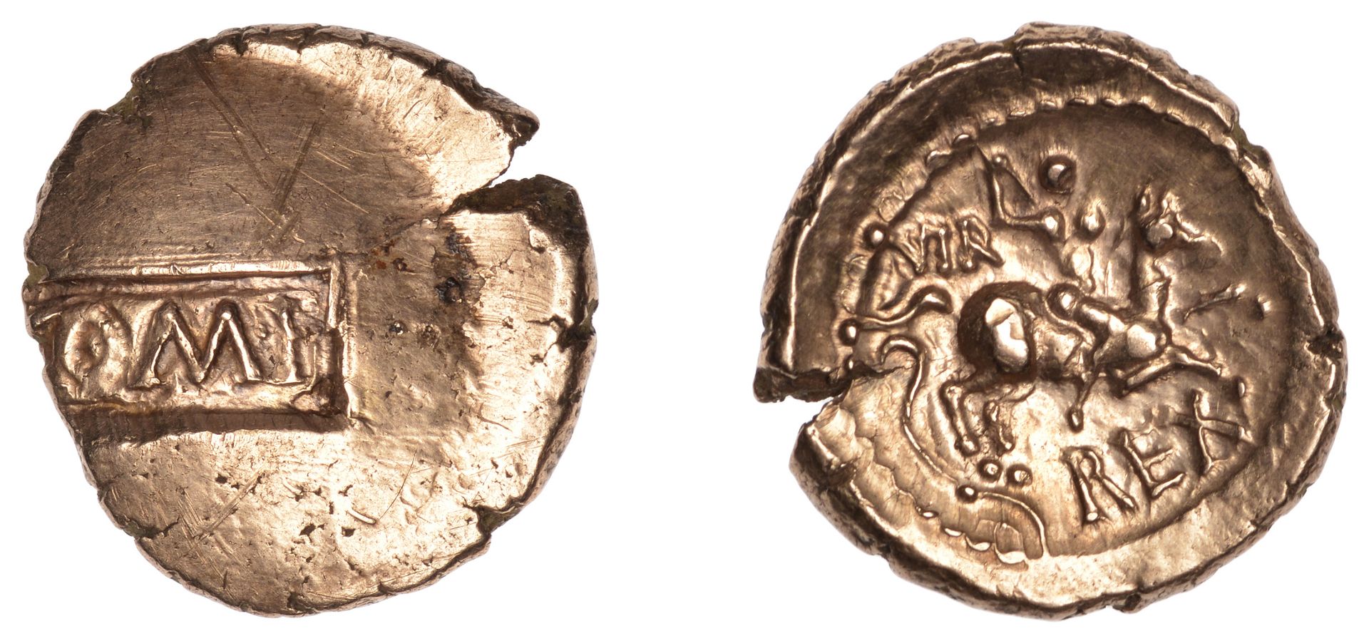 British Iron Age, ATREBATES and REGNI, Verica, Stater, com f on tablet, rev. mounted warrior...