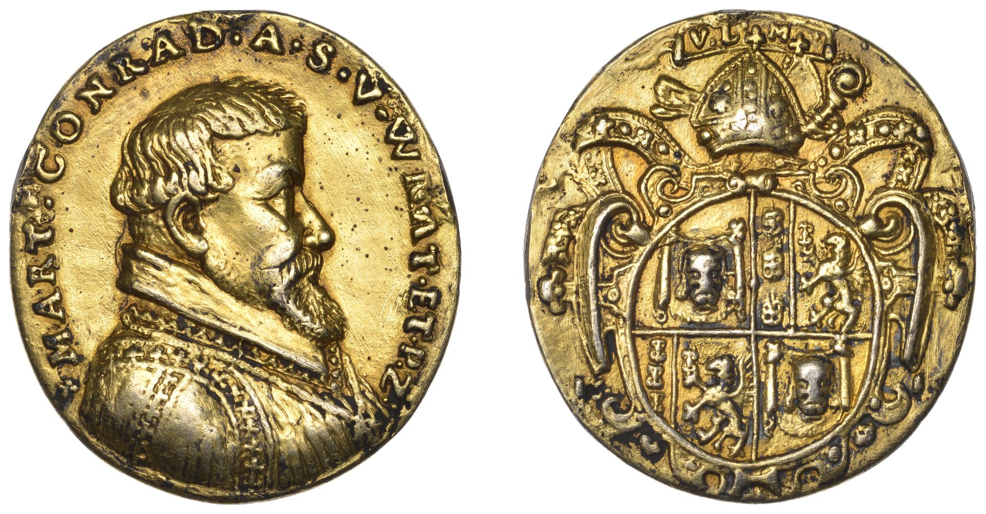 BRESLAU, Martin Conrad, 1616, a cast gilt-silver medal, unsigned, bust right, rev. arms with...