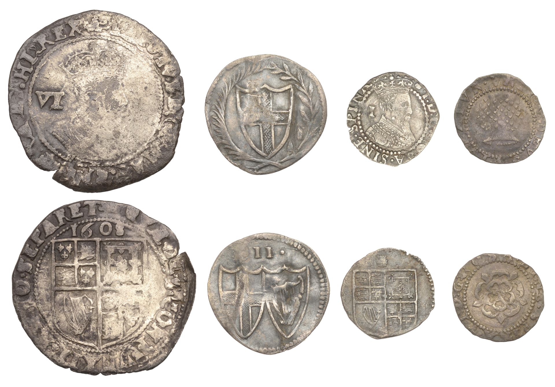 James I (1603-1625), First coinage, Penny, mm. thistle; Second coinage, Sixpence, 1608, mm....