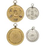 Coronation, 1902, white metal medals (2, one gilt) by A. Band, crowned bust right, sun above...