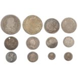 Charles II, Halfcrown, 1676, Fourpence, 1670, Threepence, 1682, Twopence, 1672, Penny, 1675...