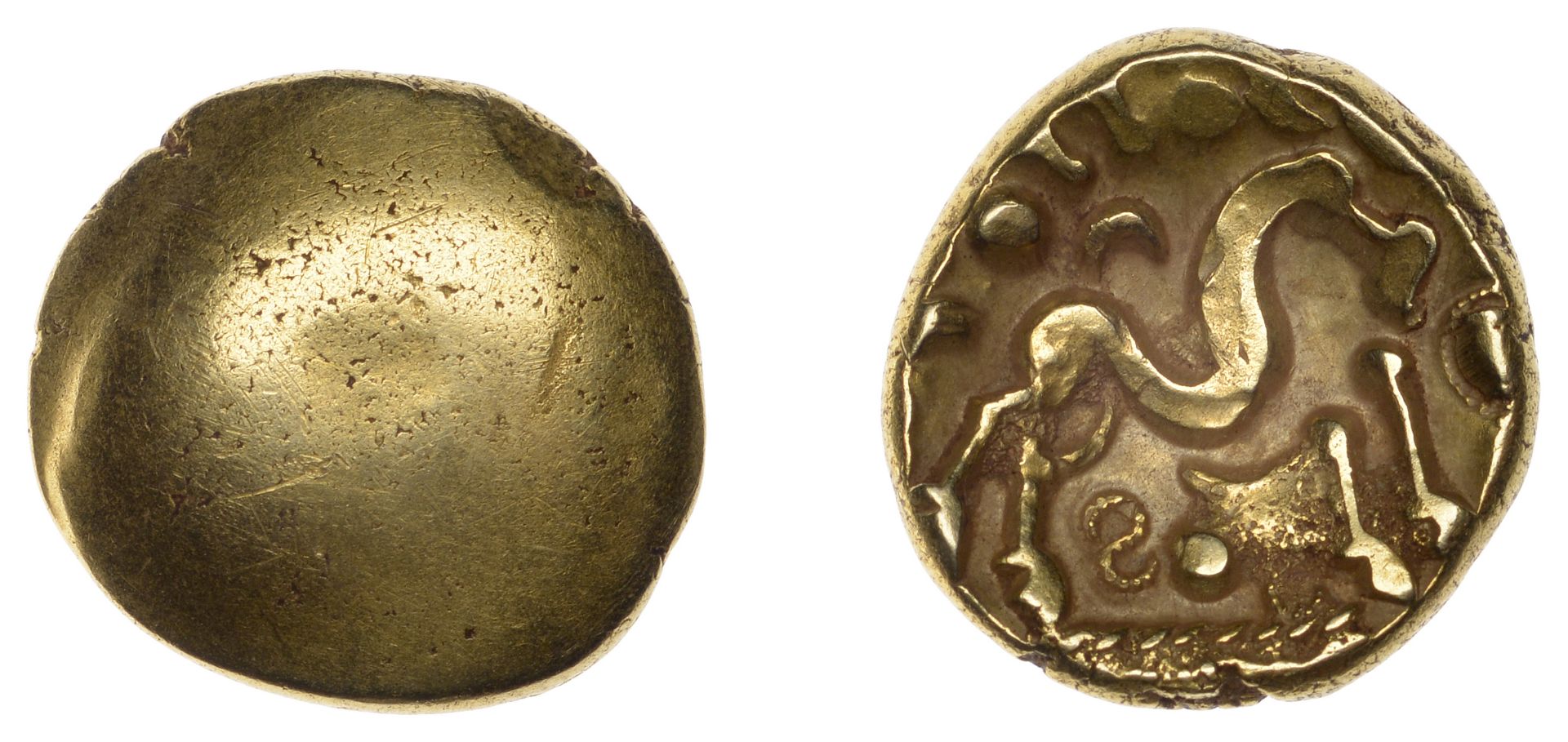 British Iron Age, GALLO-BELGIC, Stater, series Ca, class 5, SS type, plain, rev. sinuous hor...