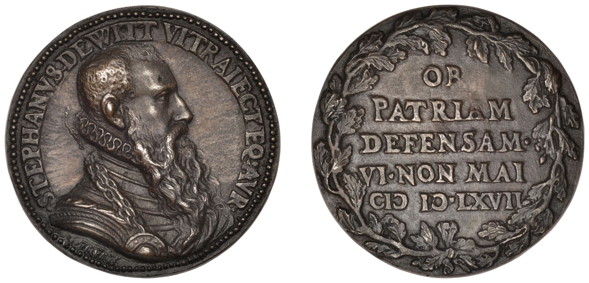 UTRECHT, Stephan de Witt, 1567, a bronze medal by C. FrÃ©my, bust right, rev. legend within w...