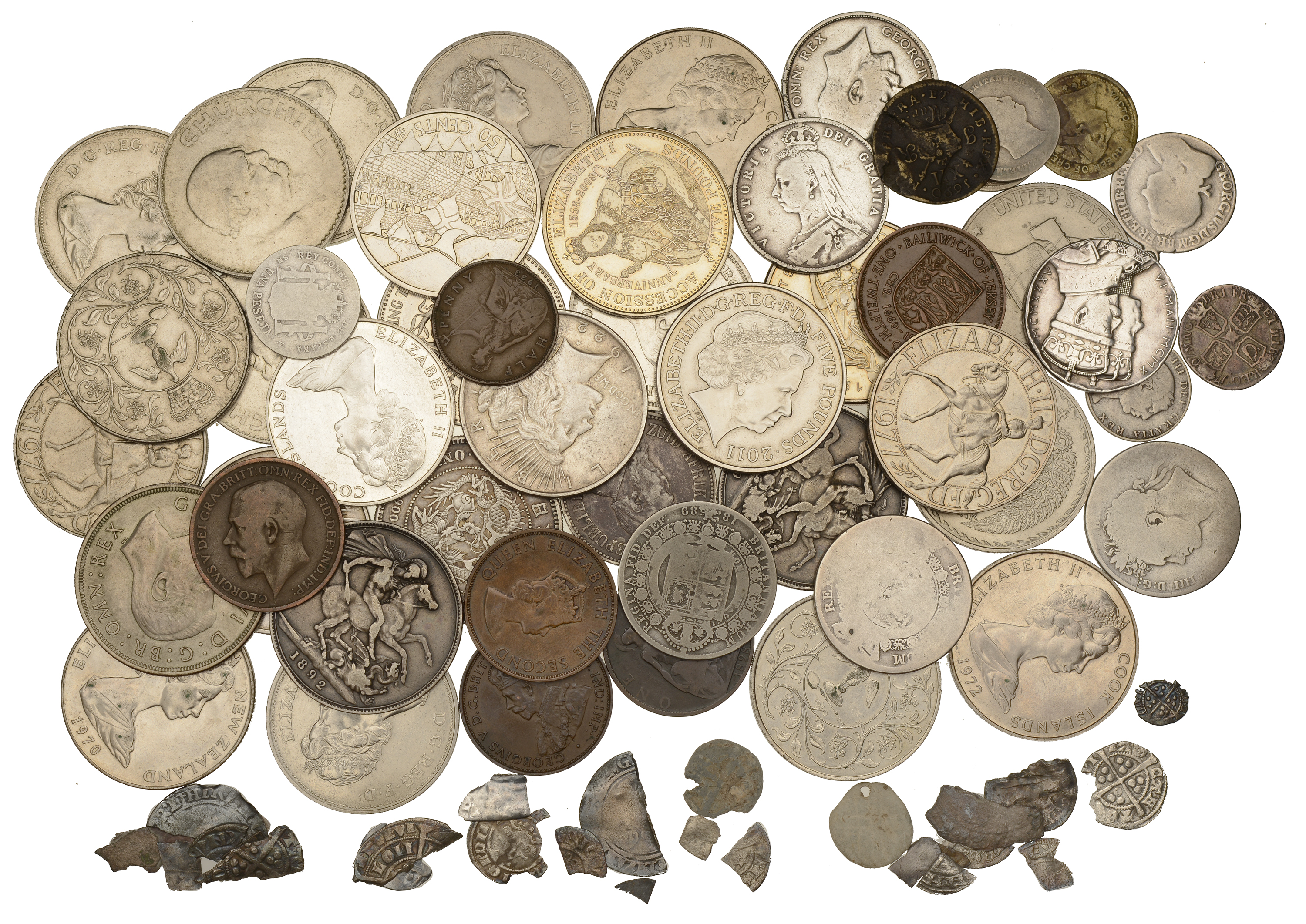 Assorted British and World coins (approx. 70), including several fragments [Lot]. Varied sta...