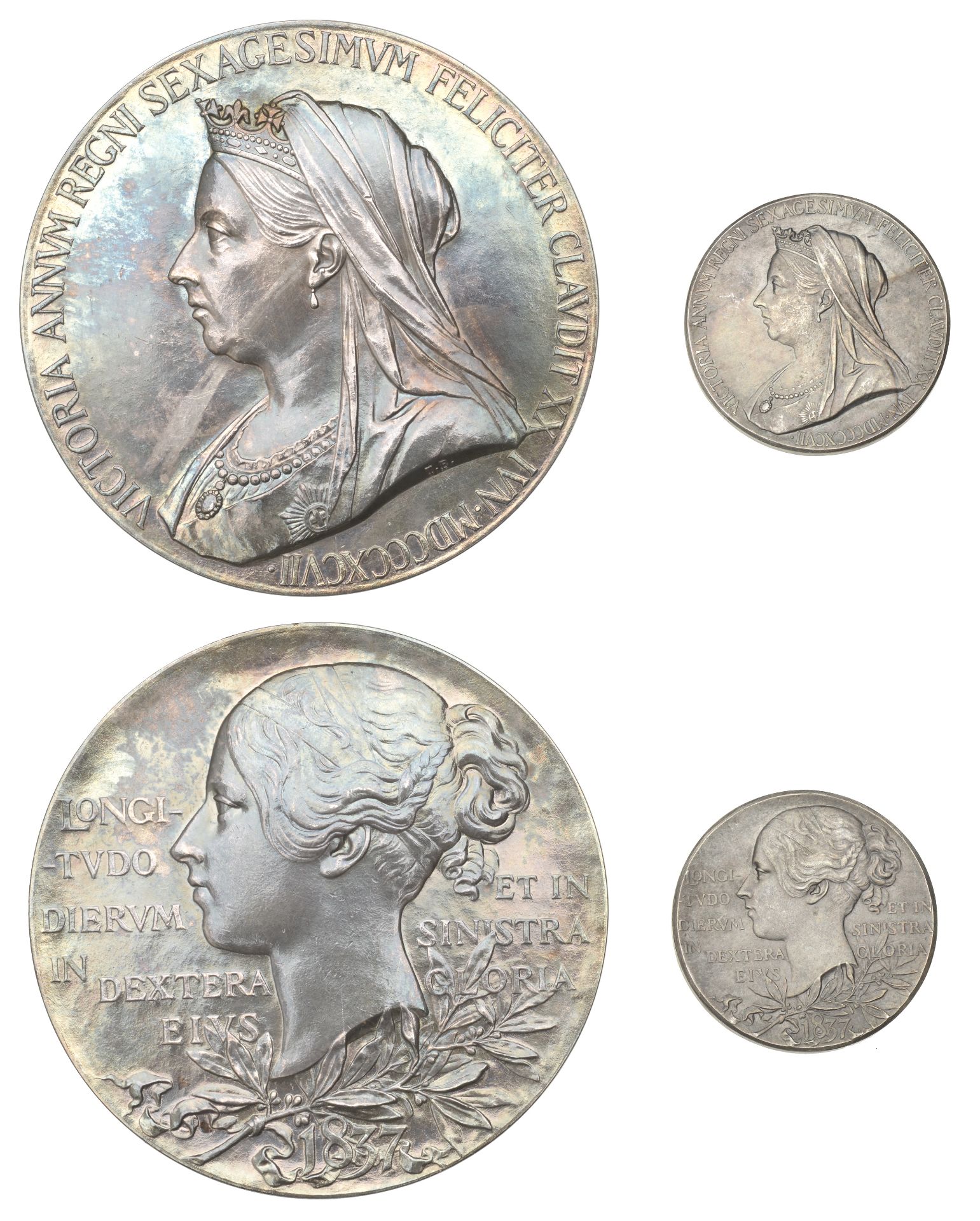 Victoria, Diamond Jubilee, 1897, silver medals (2) by G.W. de Saulles, similar, 55mm and 26m...