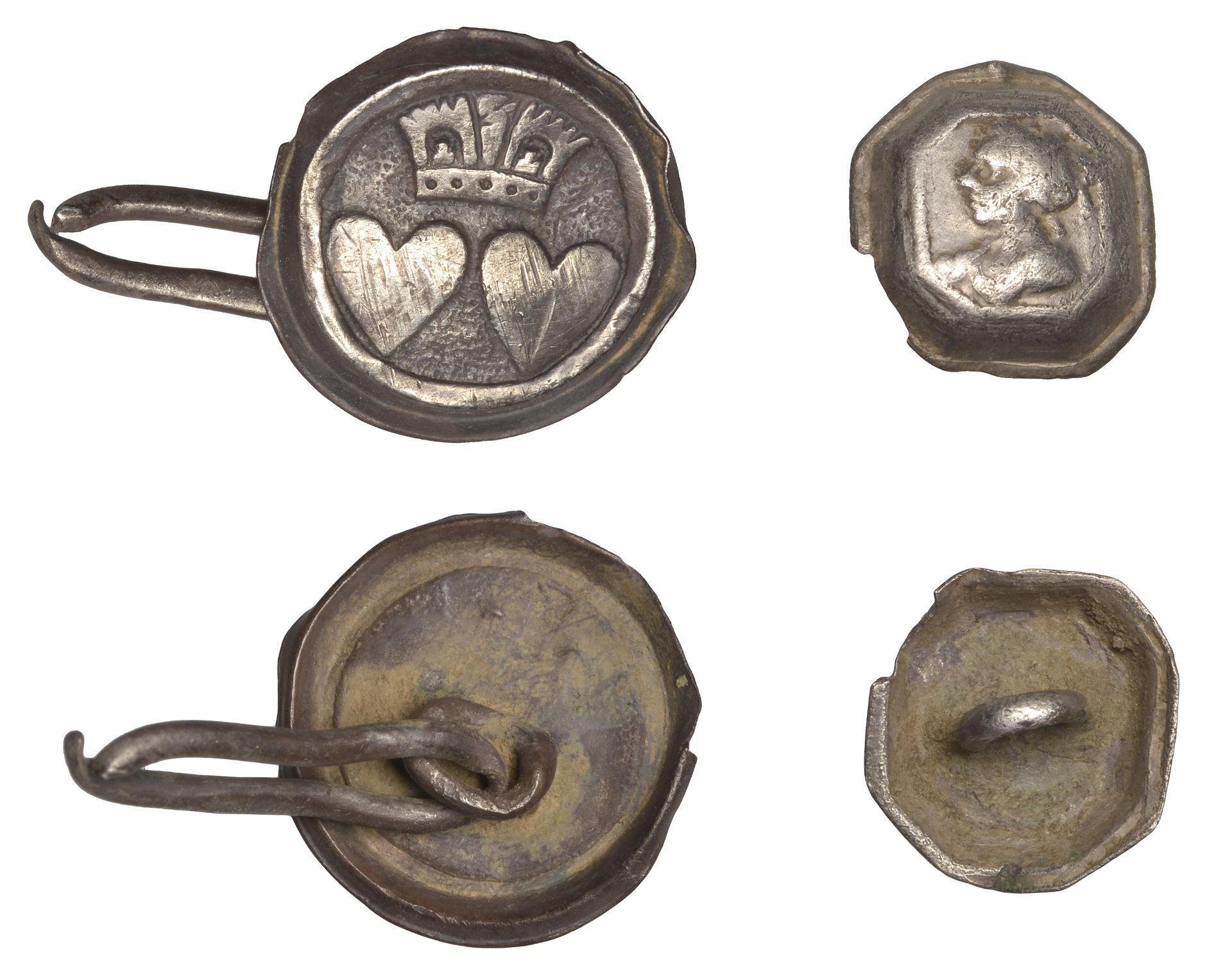 Antiquities, 17th century, button decorated with two hearts crowned (commemorating the marri...